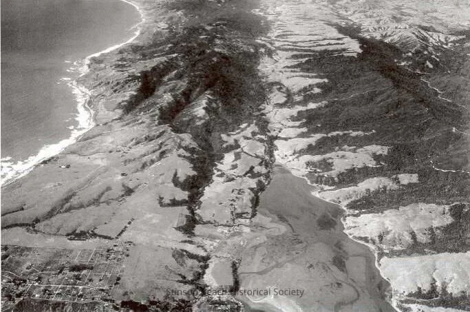 Aerial view of the Bolinas Lagoon and San Andreas Fault. Courtesy of the Stinson Beach Historical Society