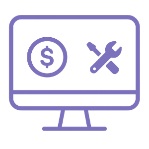 Computer monitor displaying a coin with an 'S' and a wrench icon, indicating online payment or support.