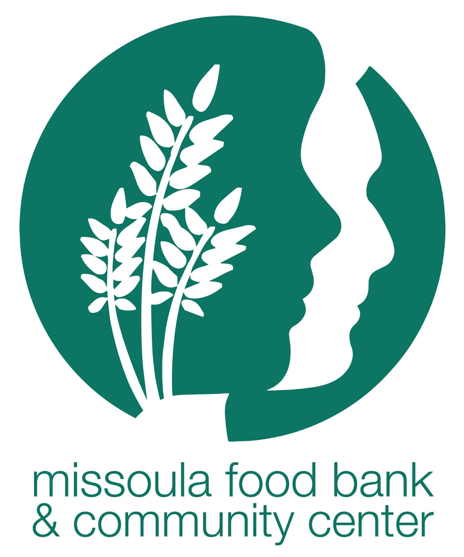 Logo of Missoula Food Bank and Community Center featuring a white silhouette of a person's profile with a stylized plant and wheat inside the head, set against a teal circle background, with the organization's name below.