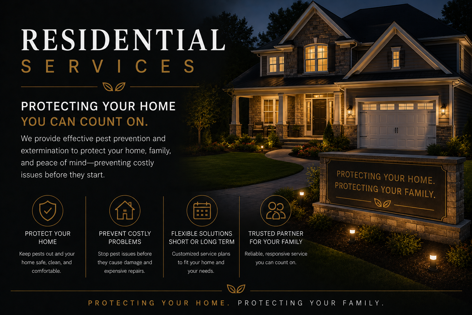 A nighttime image of a house with outdoor lighting, a well-manicured lawn, and garden beds. The image features text promoting residential pest control services, highlighting protection, prevention, flexible solutions, and trusted partnership, with a sign on the lawn that says "Protecting Your Home. Protecting Your Family.".