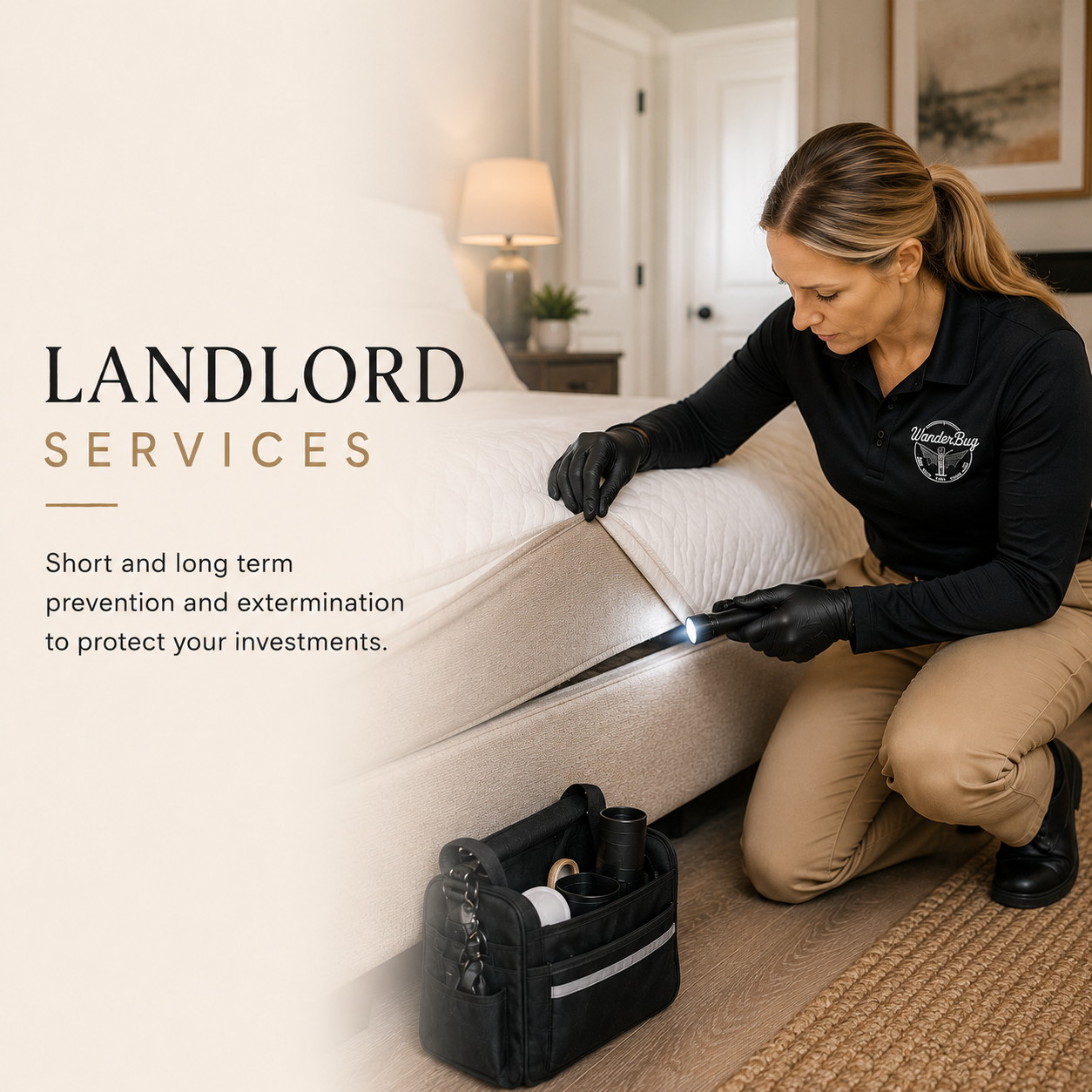A woman in black gloves inspecting a mattress with a flashlight, representing pest control services, with a cleaning kit nearby. The text promotes landlord services for pest prevention and extermination.