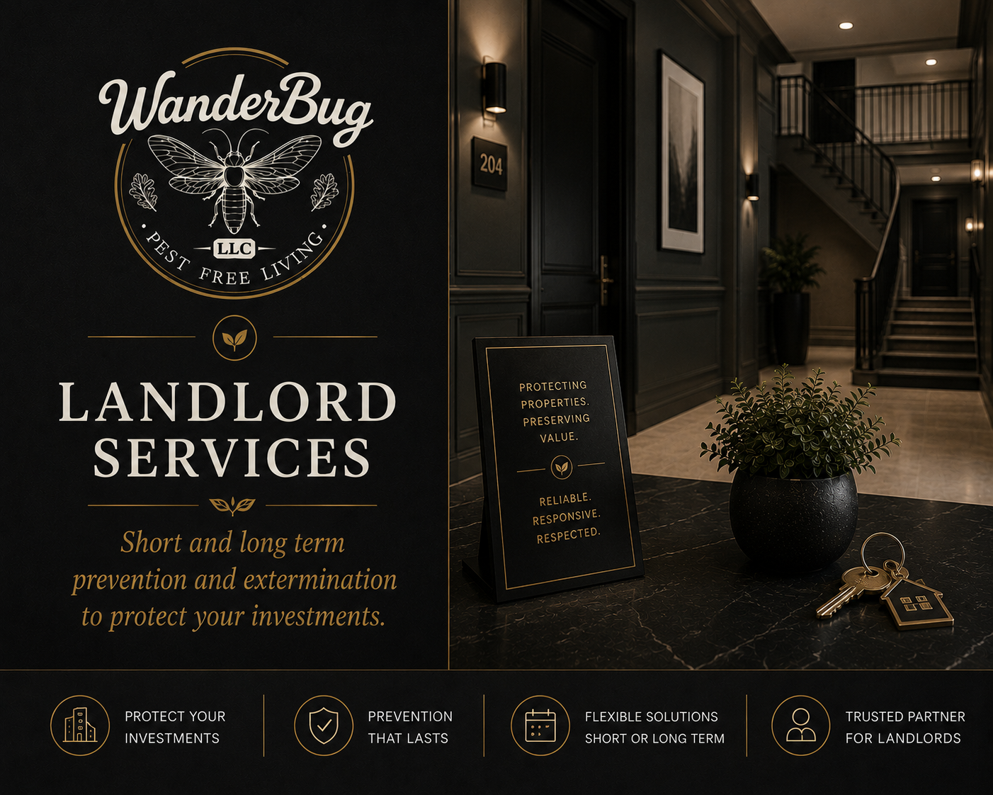 Interior of a building lobby with a large black sign promoting WanderBug LLC pest-free living and landlord services. The sign details services like protecting investments and prevention. There is a smaller blackboard with similar messaging, keys on a keychain, a potted plant, and staircase in the background.