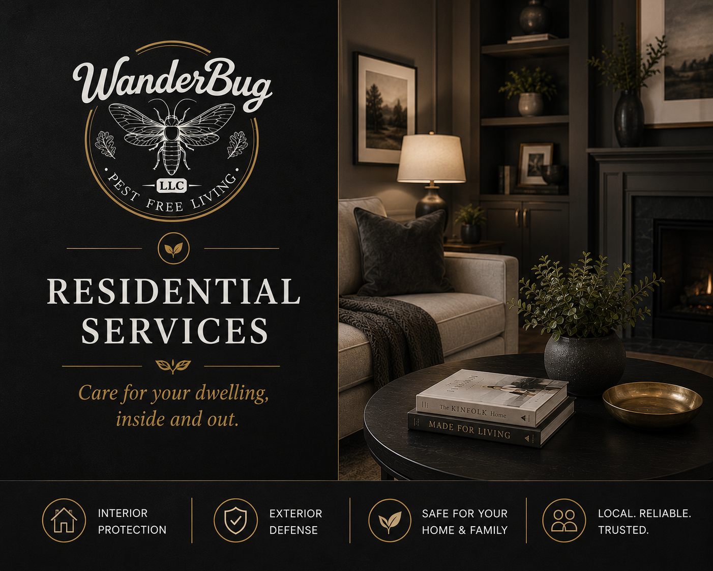 Advertisement for WanderBug LLC residential services featuring a cozy living room with a fireplace, sofa, framed pictures, books, a lamp, and decorative plants.