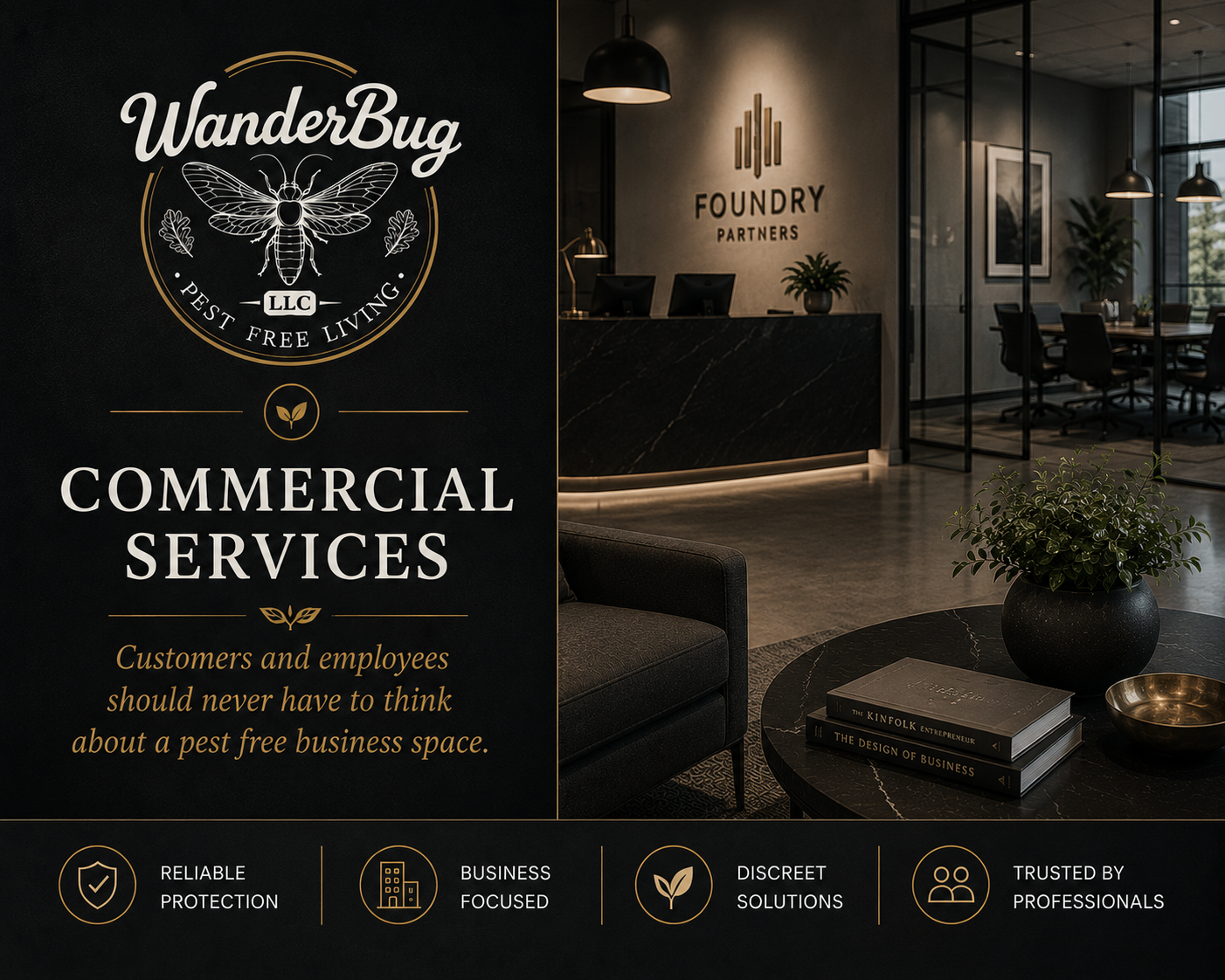 Reception area of a commercial pest control service company called WanderBug LLC with a logo on a black wall, a reception desk with the sign 'Foundry Partners,' a coffee table with books and a plant, and a conference room with tables and chairs in background.