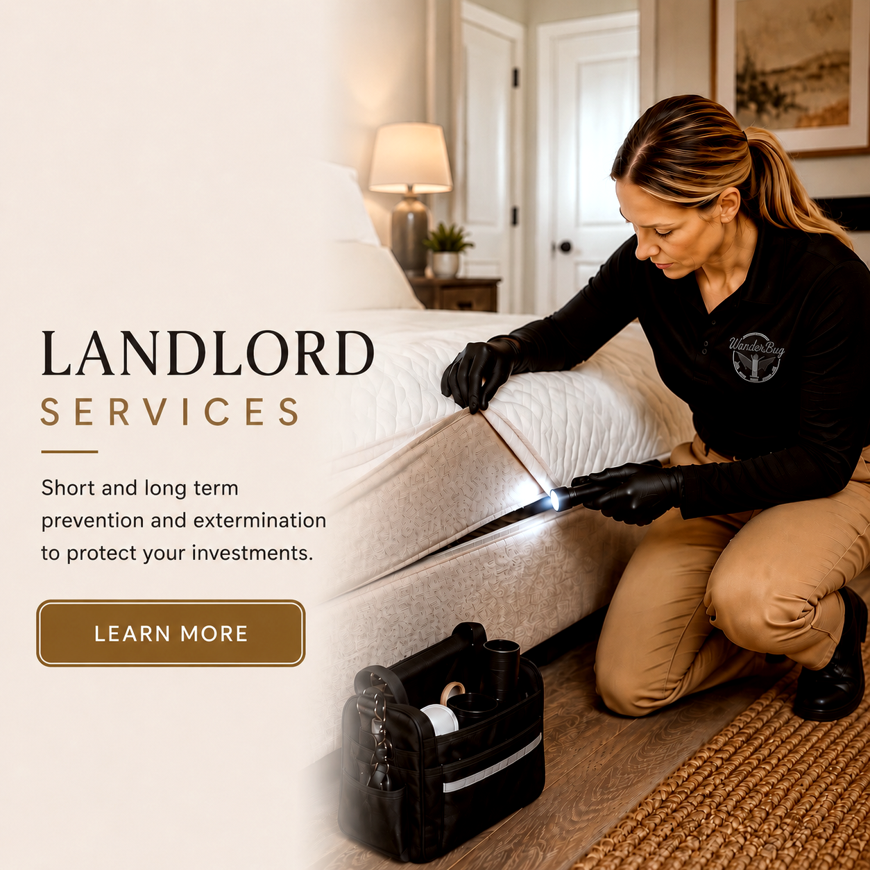 A woman inspecting the base of a bed using a flashlight, with a toolbox on the floor nearby. The image promotes landlord services for pest prevention and extermination.