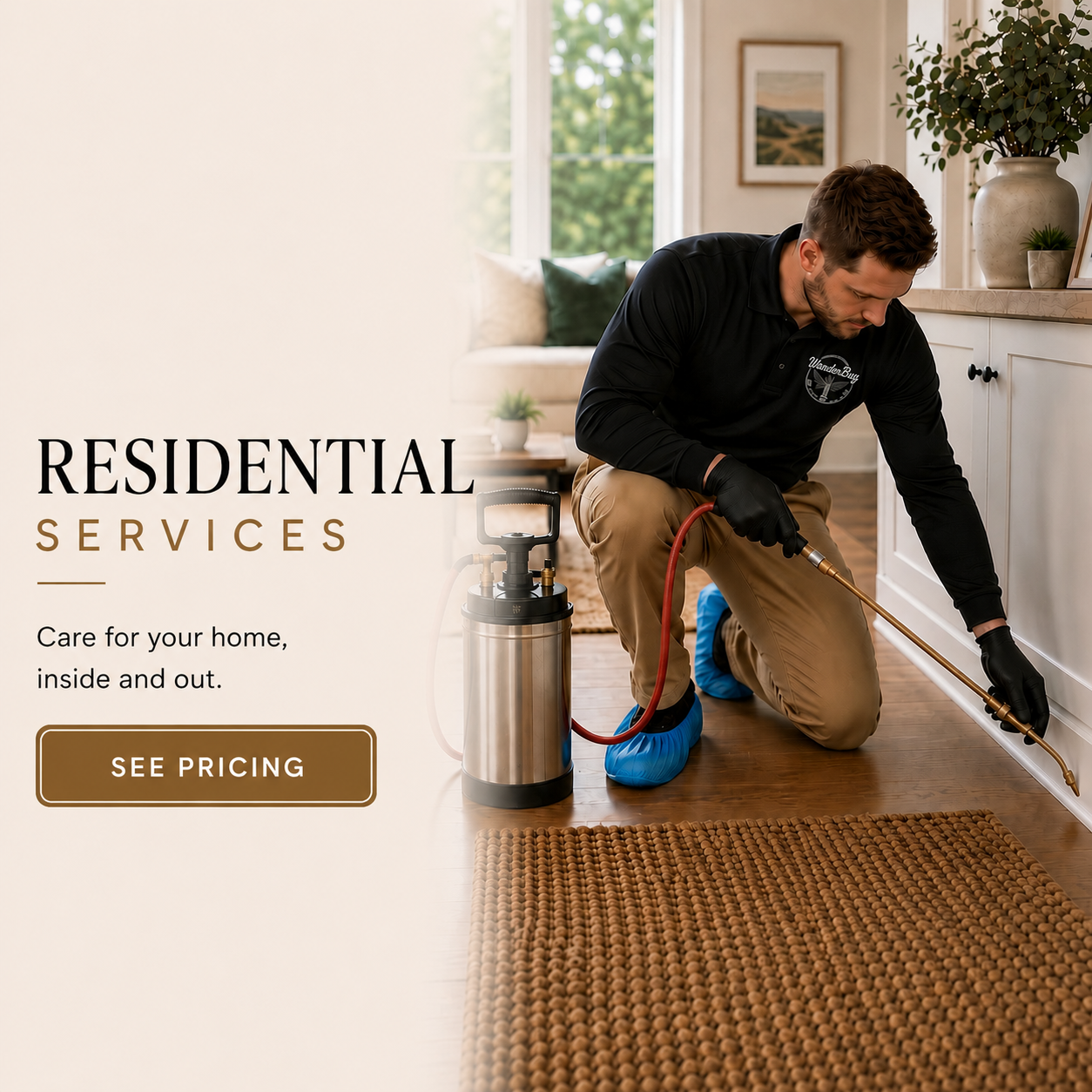 A serviceman kneeling on the floor in a home, using a pest control spray. The background shows a bright living room with a sofa, window, and framed pictures. Text overlay advertising residential pest control services with a button labeled 'See Pricing'.