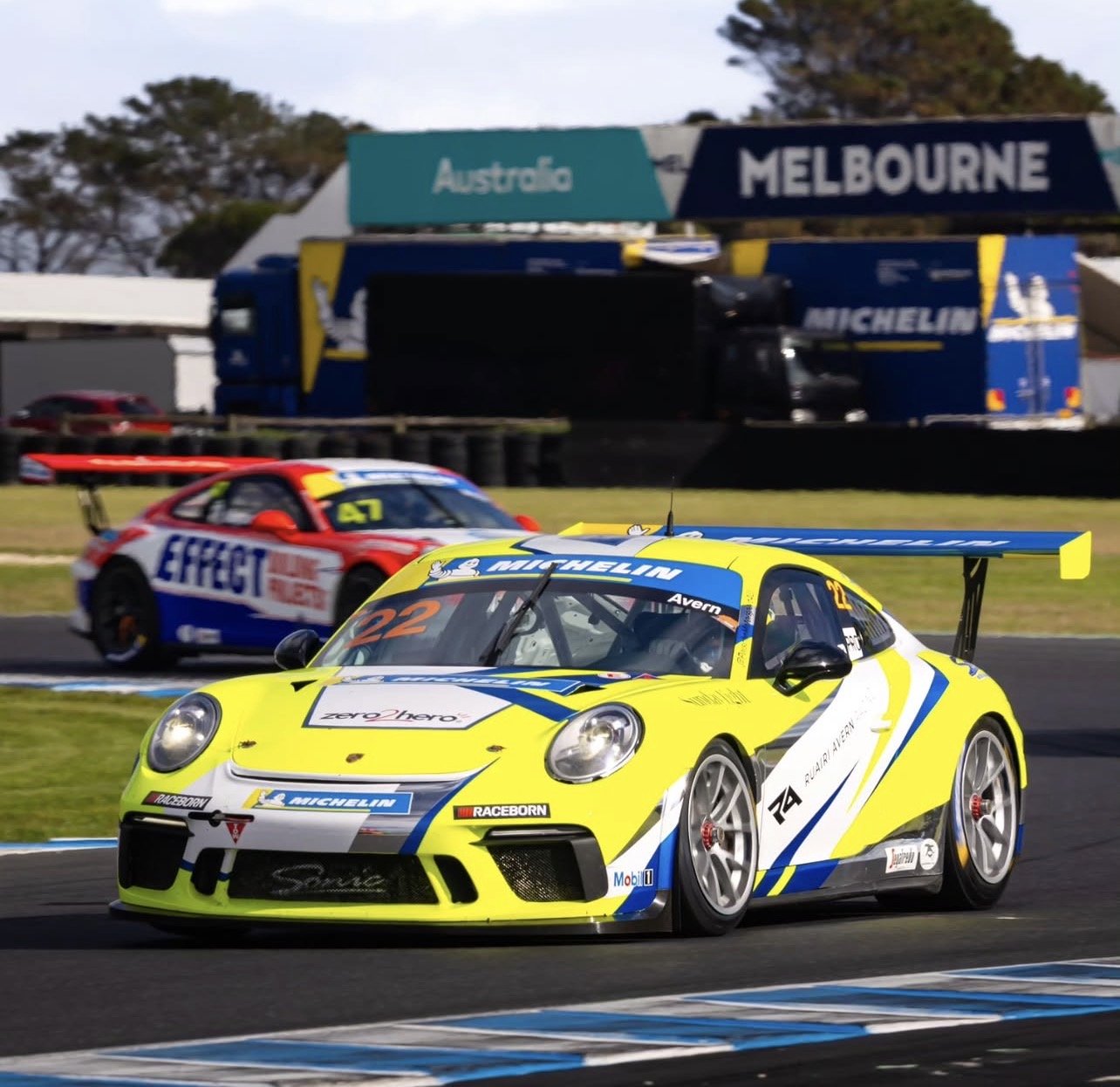 Ruairi Avern's Porsche #22 racing at Phillip Island in the 2026 Porsche Michelin Sprint Challenge
