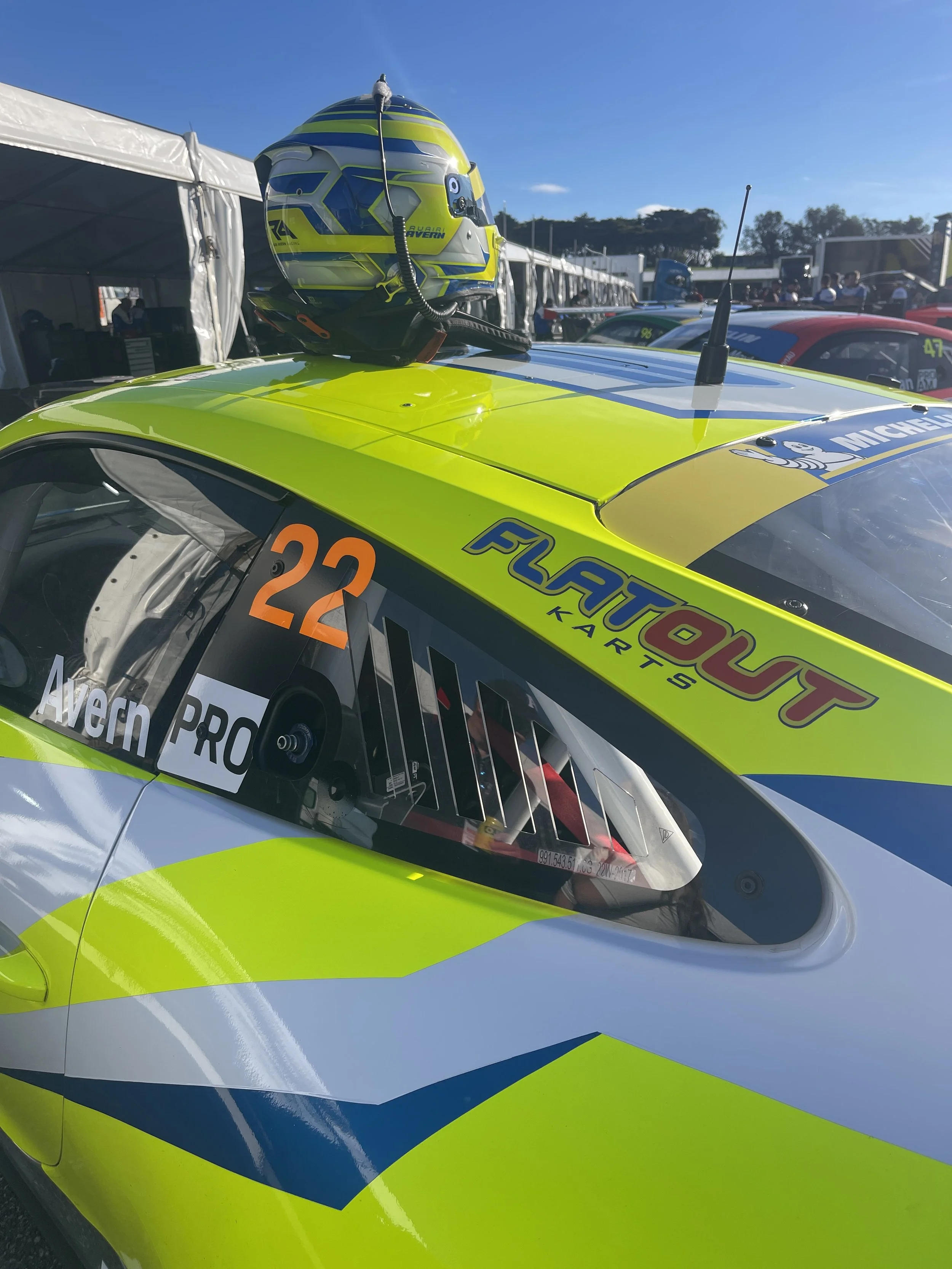 Ruairi Avern's Porsche #22 with Flatout Karts logo, 2026 Porsche Michelin Sprint Challenge