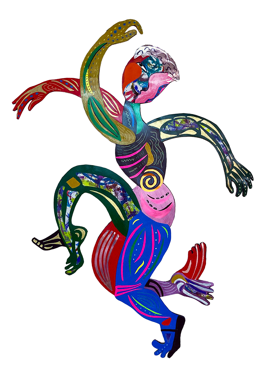 Colorful abstract art of a person with a bird's head, combining vivid patterns and shapes in a dynamic pose.