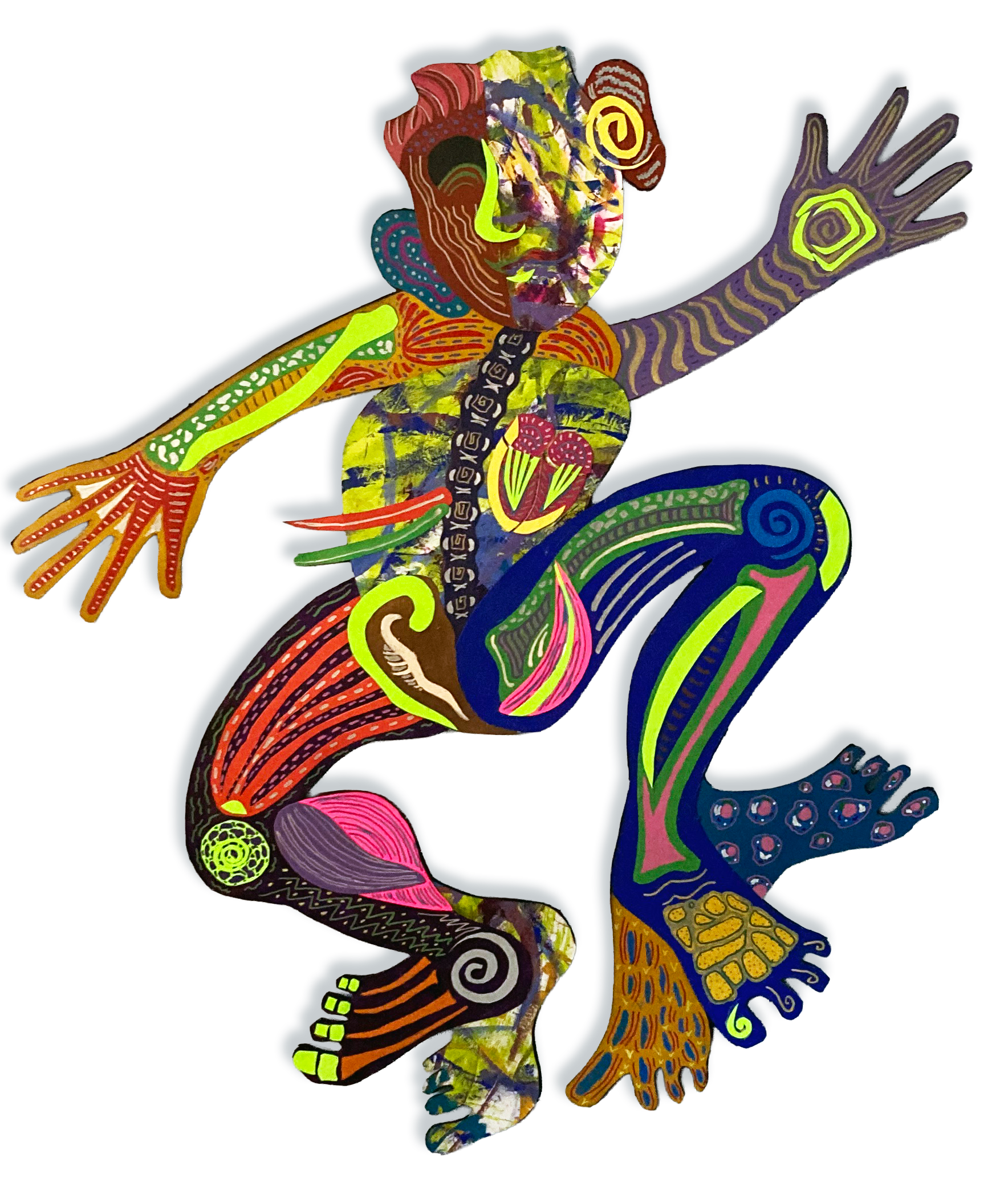 Colorful abstract artistic figure of a person in dynamic pose, with vibrant patterns and designs on the body, limbs, and face.