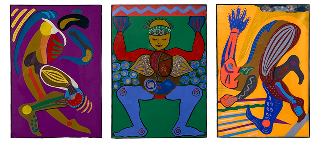 Three colorful abstract paintings featuring figures with exaggerated and stylized shapes and patterns in vibrant colors.