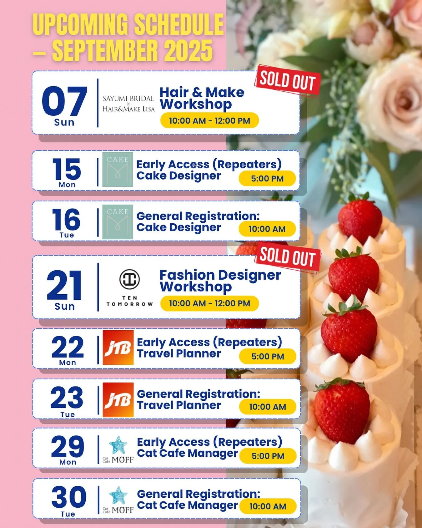 ✨ September 2025 Schedule
— Kids Job Experience Workshop
• Sep 7 (Sun), 10:00 AM–12:00 PM
SAYUMI BRIDAL × HAIR&MAKE LISA (Hair & Make) Workshop — SOLD OUT
• Sep 15 (Mon), 5:00 PM
Repeater Early Access: Ca