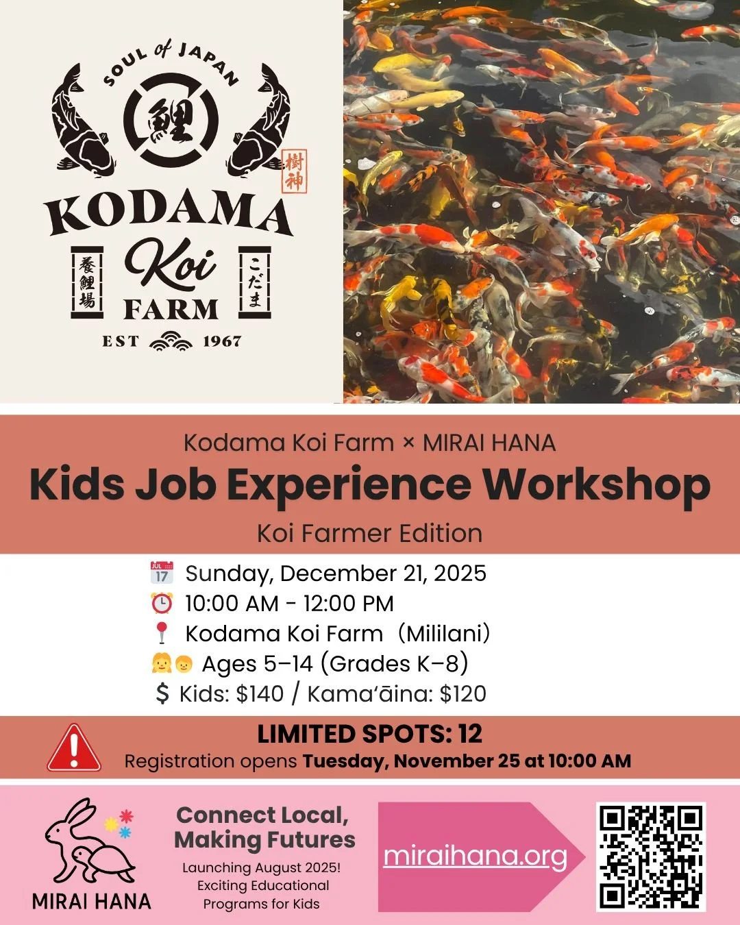 🌸✨ Kids Job Experience Workshop &ndash; Koi Farmer Edition ✨🌸
🐟 The Final Workshop of 2025! 🐟

Join us for a Junior Koi Farmer Experience at Kodama Koi Farm @kodamakoifarm the largest koi farm in the U.S.!
In this unique outdoor workshop, childre