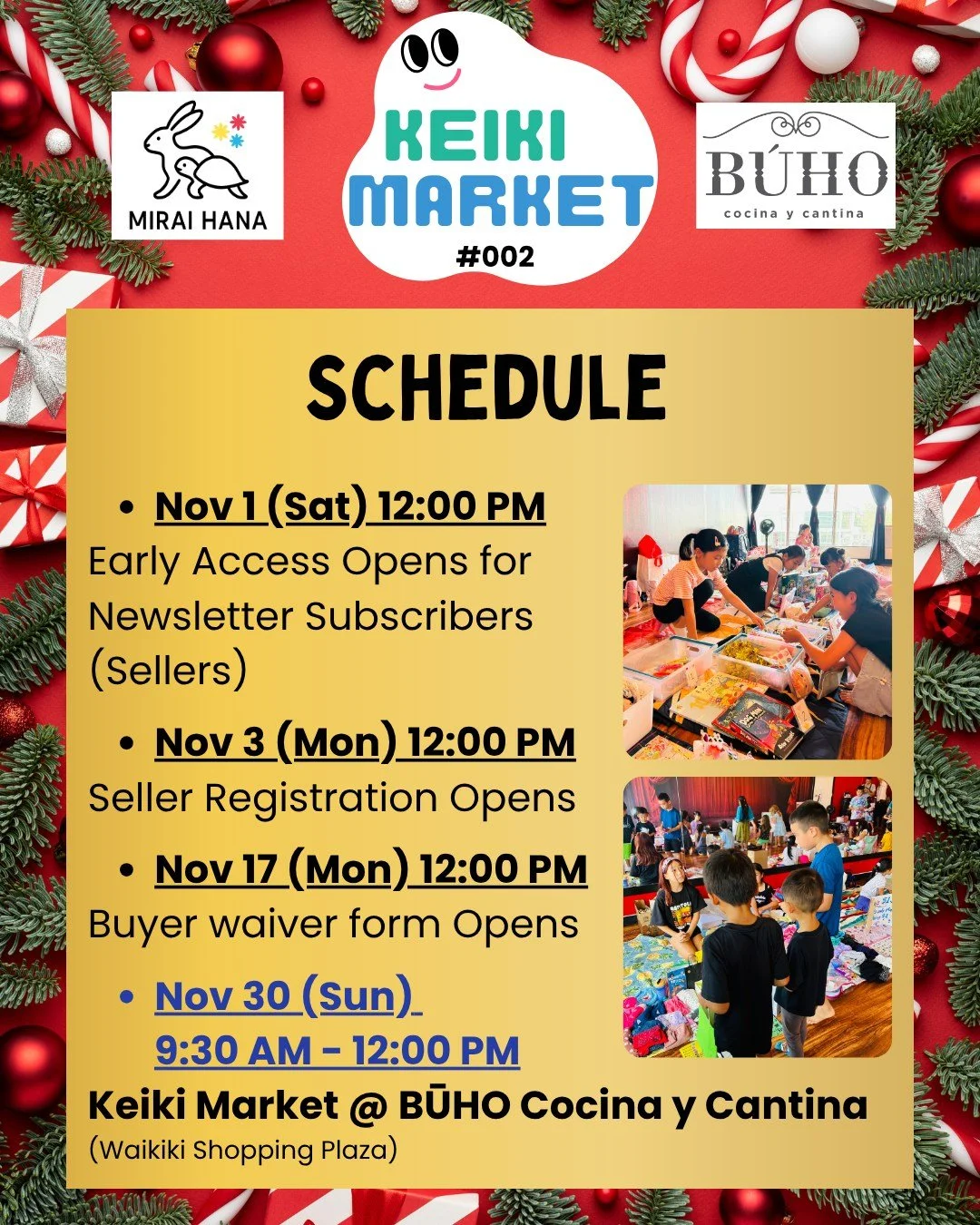 🎉 Keiki Market @ BŪHO Cocina y Cantina 🎉
The wait is over — Keiki Market #002 is coming this holiday season! 🌺✨
After our first market’s incredible success, filled with laughter, learning, and little entrepreneurs, we’re back wi