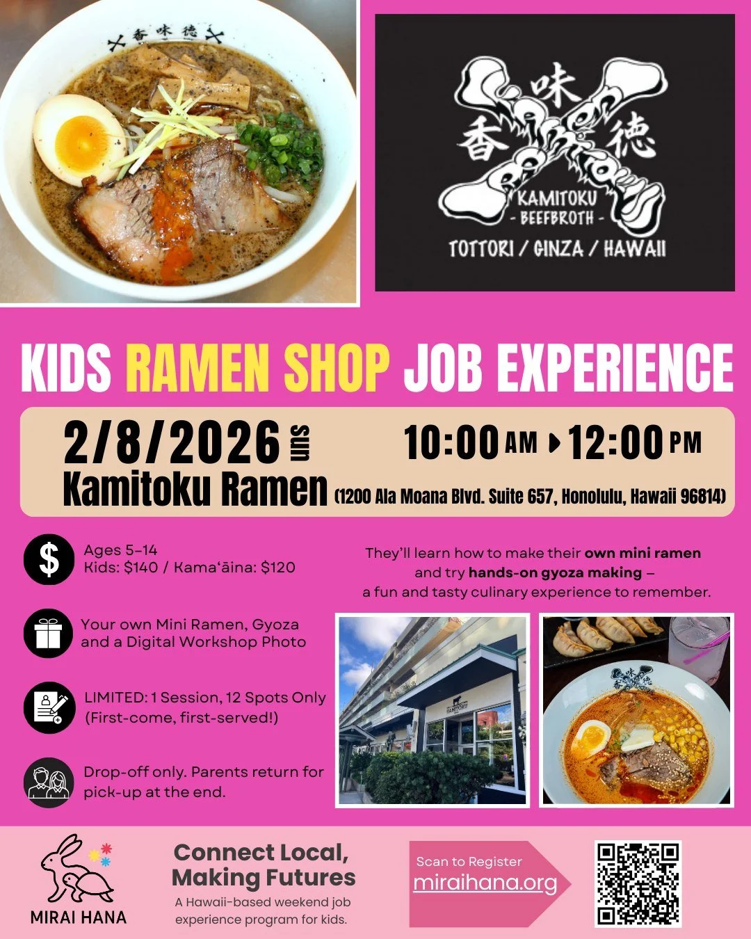 🌟 KIDS JOB EXPERIENCE &ndash; RAMEN SHOP EDITION 🌟
Registration Opening Soon!

🍜 Kamitoku Ramen &times; MIRAI HANA
Our next Kids Job Experience Workshop of 2026 is here!

Kamitoku Ramen is a ramen-bistro inspired by the rich food culture of Tottor