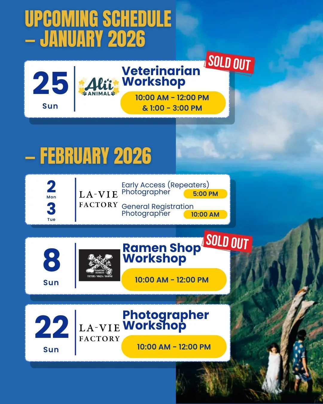 🌈 UPCOMING WORKSHOPS &ndash; 2026 🌈

So grateful for all the love and support &mdash;
our January &amp; February workshops are filling up fast! 🙌✨

🐾 Jan 25 (Sun)
Kids Veterinarian Job Experience
with Aliʻi Animal Hospital @aliianimal 
🚨 SOLD OU