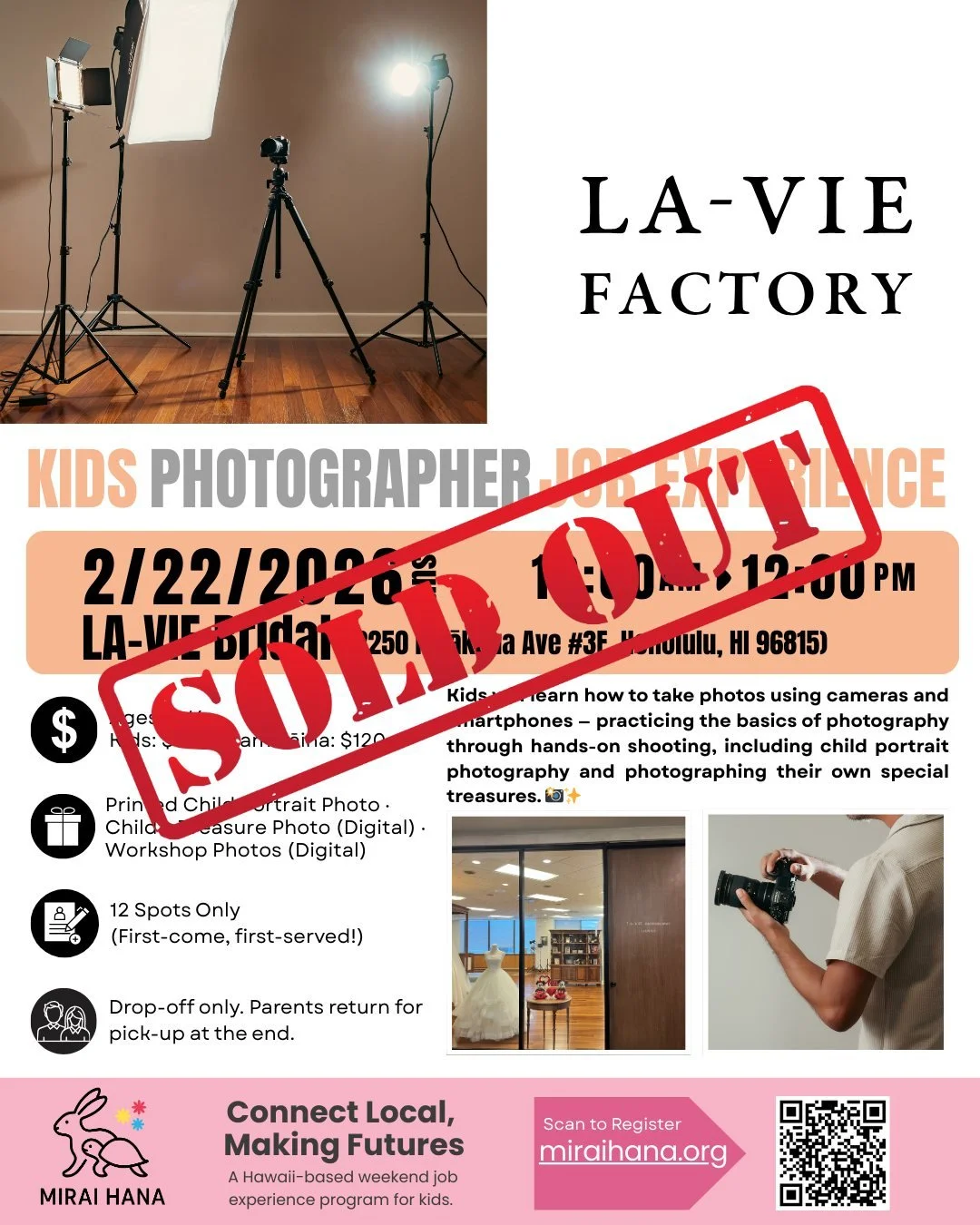 🎉 SOLD OUT &mdash; Thank You! 🎉

Our Kids Job Experience: Photographer Edition
with LA-VIE FACTORY &times; MIRAI HANA is officially FULL 📸✨ @laviehawaii_family @laviefactoryhawaii 

Thank you so much for the incredible interest and support!
We&rsq
