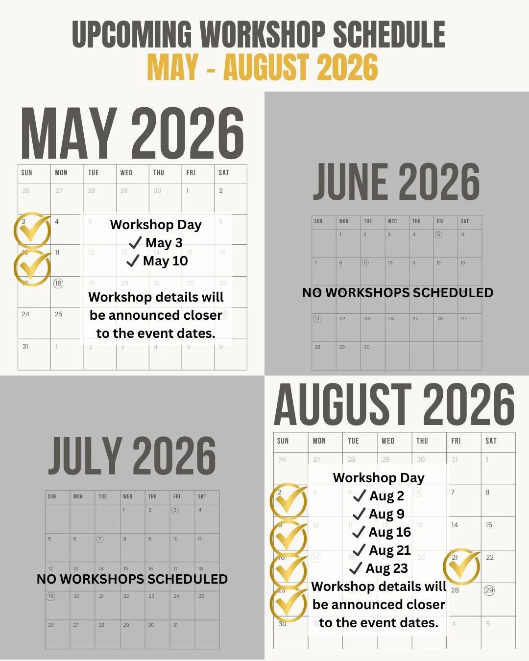 🌺✨ SUMMER WORKSHOP SCHEDULE ✨🌺
MIRAI HANA &ndash; Kids Job Experience

Are you enjoying your spring break? 🌸

Before we share our April schedule,
we wanted to give you an early look at our summer workshop dates 🌞

📅 May
✔ May 3
✔ May 10

📅 Augu