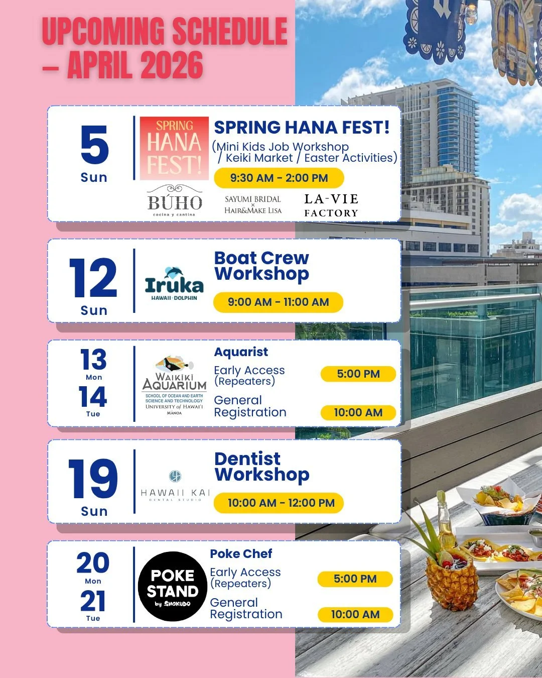 🌼 UPCOMING SCHEDULE &ndash; APRIL 2026 🌼

🌸 SPRING HANA FEST! &ndash; BŪHO Cocina y Cantina @buhocantina 
Apr 5 (Sun) 9:30 AM &ndash; 2:00 PM
Join us for a fun-filled family event in Waikiki ✨
FREE admission &amp; activities (some paid workshops a