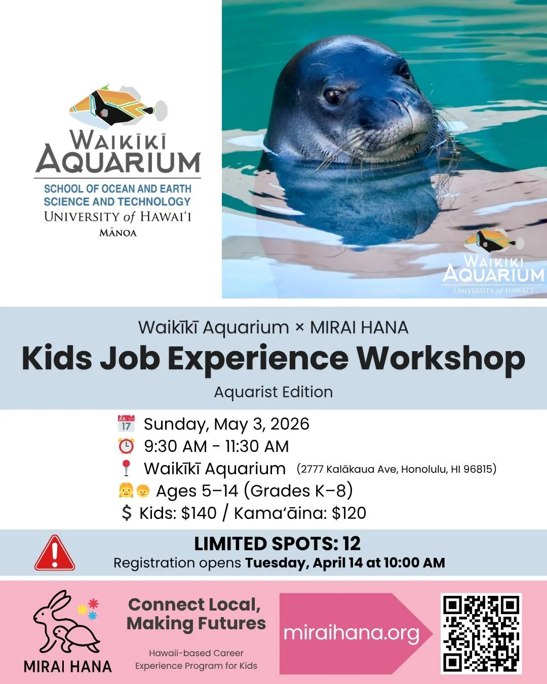 🐠✨ NEW WORKSHOP ANNOUNCEMENT ✨🐠
Kids Job Experience Workshop &ndash; Aquarist Edition
Waikiki Aquarium &times; MIRAI HANA
@waikikiaquarium 

Part of the University of Hawaiʻi at Mānoa,
Waikiki Aquarium is a leading ocean science and education facil