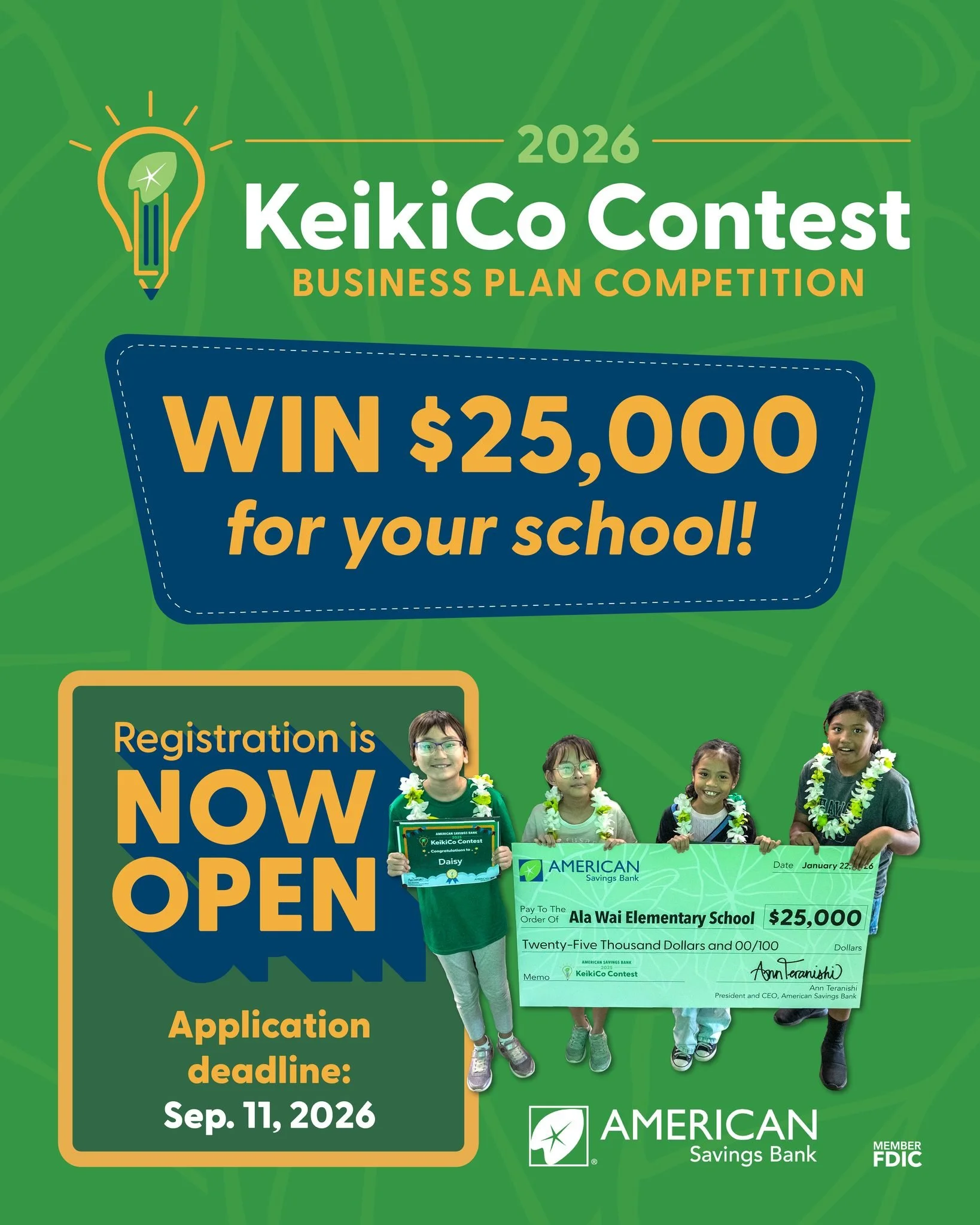 💡✨ Great Opportunity for Keiki! ✨💡

We found an amazing program that aligns perfectly with what we believe in at MIRAI HANA.

Hosted by American Savings Bank (ASB),
the 2026 KeikiCo Contest is now OPEN!
@asbhawaii 

Students (Grades 3&ndash;12) can