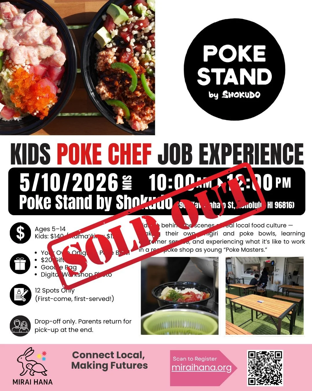 🎉 SOLD OUT &mdash; Thank You! 🐟✨

Our Kids Job Experience Workshop
Poke Chef Edition
with Poke Stand by Shokudo &times; MIRAI HANA
@pokestandbyshokudo 

is officially FULL!

Thank you so much for the incredible support &mdash;
all spots have now be