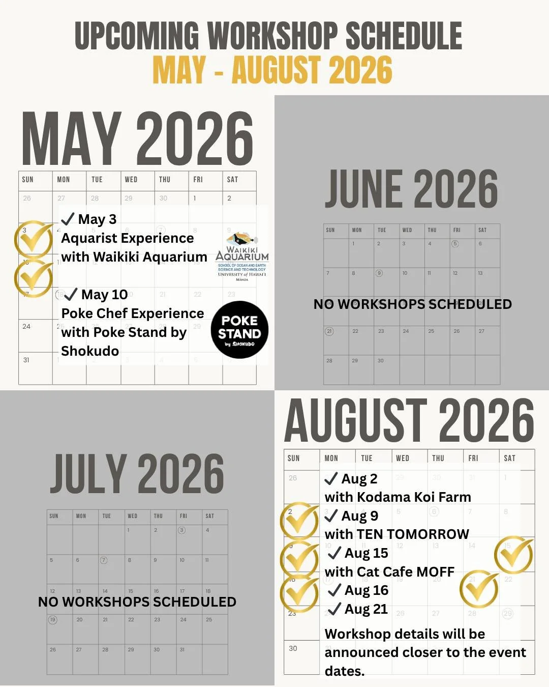 📅 MIRAI HANA Workshop Schedule Update
August 2026

MIRAI HANA will be taking a short summer break in June and July.

We&rsquo;ll be back in August with more Kids Job Experience Workshops!

✔ August 2
with Kodama Koi Farm
Only a few spots left

✔ Aug