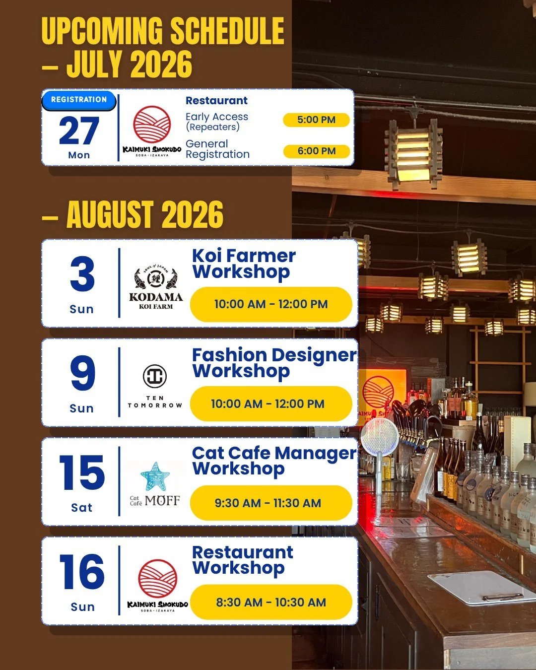 🌺 UPCOMING SCHEDULE &ndash; JULY &amp; AUGUST 2026 🌺

We&rsquo;re excited to share our upcoming MIRAI HANA Kids Job Experience Workshop schedule!

Registration has opened for some workshops, and spots are filling up quickly &mdash; thank you so muc
