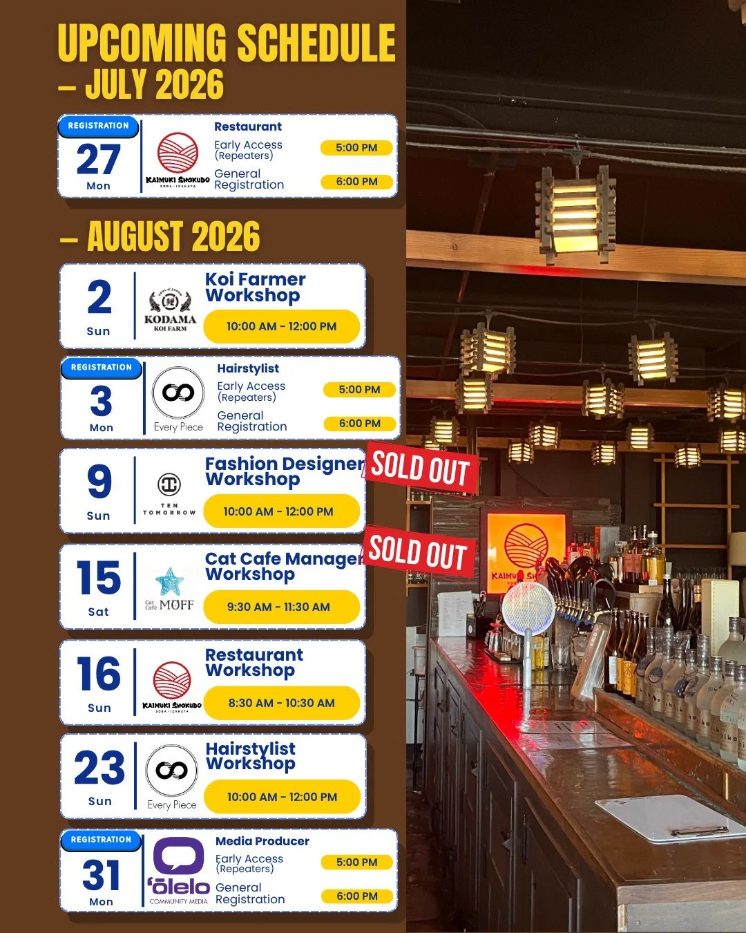 🌺 UPDATED SCHEDULE &ndash; JULY &amp; AUGUST 2026 🌺

Here is the latest MIRAI HANA Kids Job Experience Workshop schedule!

🍽️ Restaurant Workshop &ndash; Kaimuki Shokudo
@kaimukishokudo
Registration: July 27 (Mon)
Repeat Families: 5:00 PM
General 