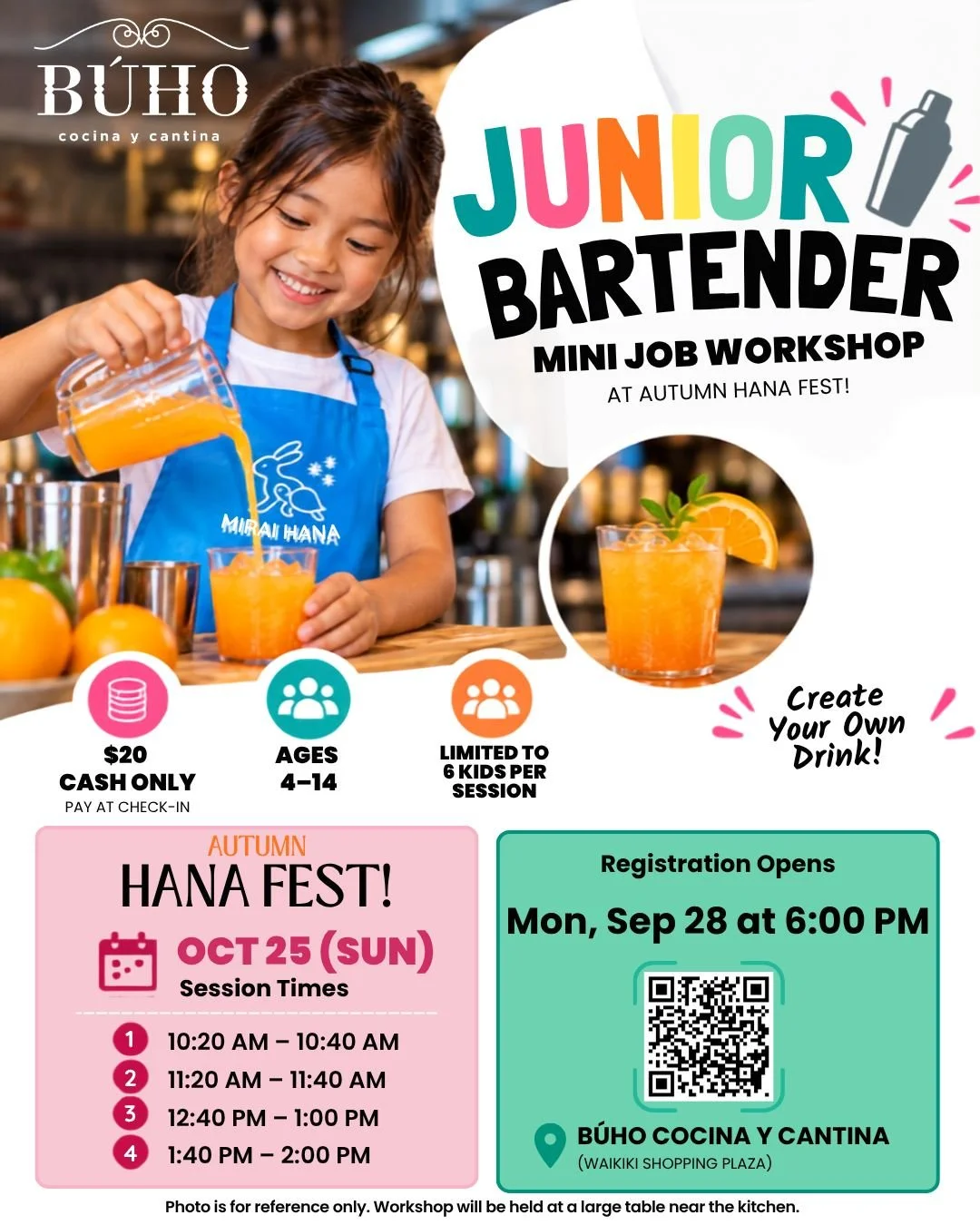 🍹✨ Junior Bartender Mini Job Workshop ✨🍹
at Autumn HANA FEST!

We&rsquo;re excited to introduce our first Autumn HANA FEST! activity!

First up is a special mini workshop by our event venue, BŪHO Cocina y Cantina.

At our Spring HANA FEST!, BŪHO&rs