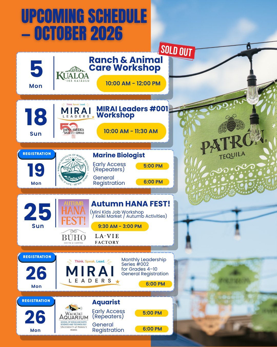 🍂 UPCOMING SCHEDULE &ndash; OCTOBER 2026 🍂

October is almost here, and we have more exciting experiences coming up for our keiki! ✨

From ranch and animal care to marine science, leadership, and our Autumn HANA FEST!, here&rsquo;s what&rsquo;s com