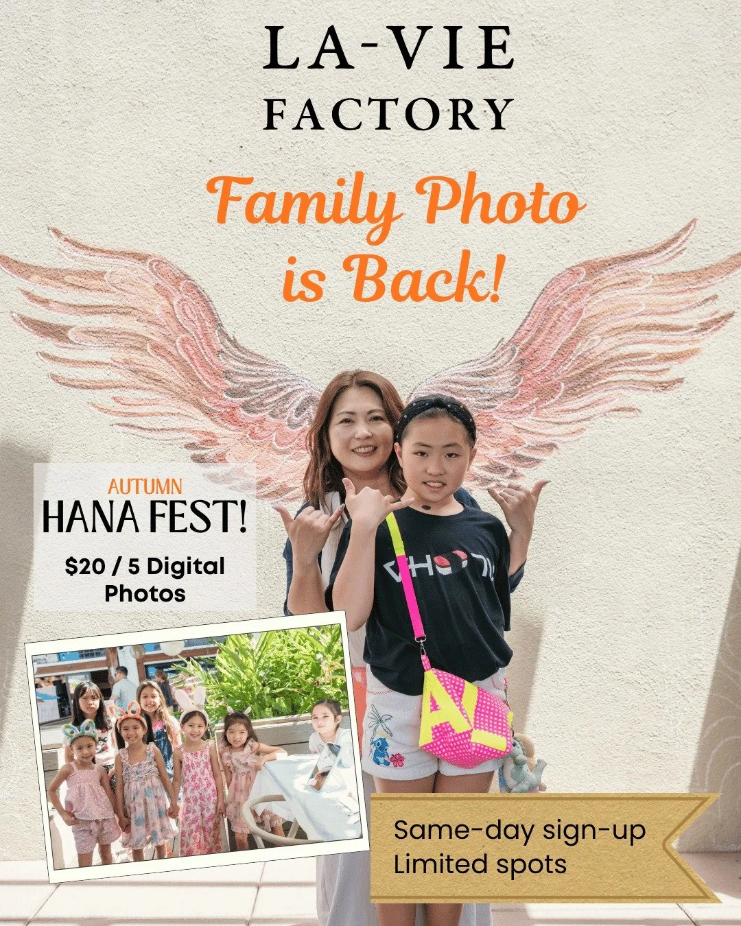 📸✨ Family Photo is Back at Autumn HANA FEST! ✨📸

One of the most popular activities from our Spring HANA FEST! is coming back!

La-vie Factory will once again offer a special Family Photo experience at Autumn HANA FEST! 🌟
@laviefactoryhawaii @hawa