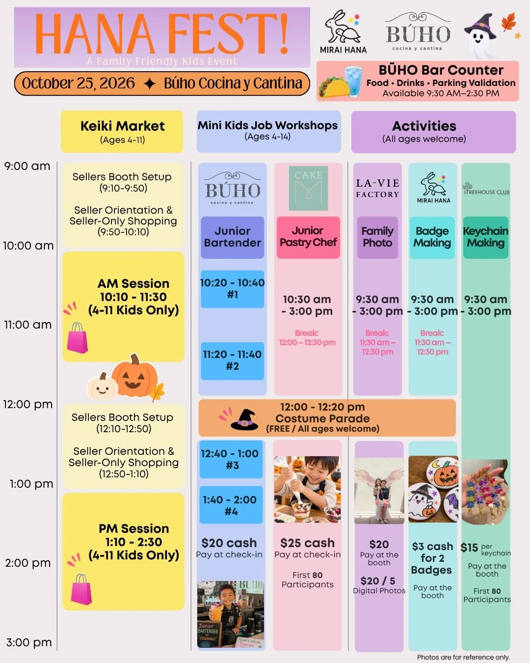 🎃✨ Autumn HANA FEST! &ndash; Full Schedule &amp; Activities ✨🎃

The full schedule is here! 🙌
Join us for a fun-filled day with Keiki Market, Mini Kids Job Workshops, Family Photo, Badge Making, Keychain Making, Costume Parade, and more!

🛍️ Keiki