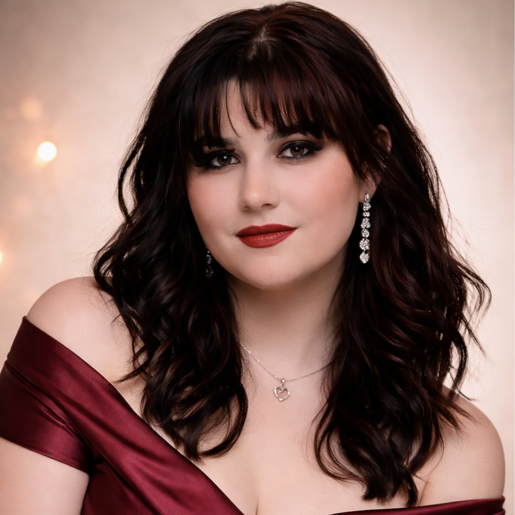 Young woman with long wavy brown hair, wearing a knit beanie and a zip-up jacket, sitting inside a vehicle.