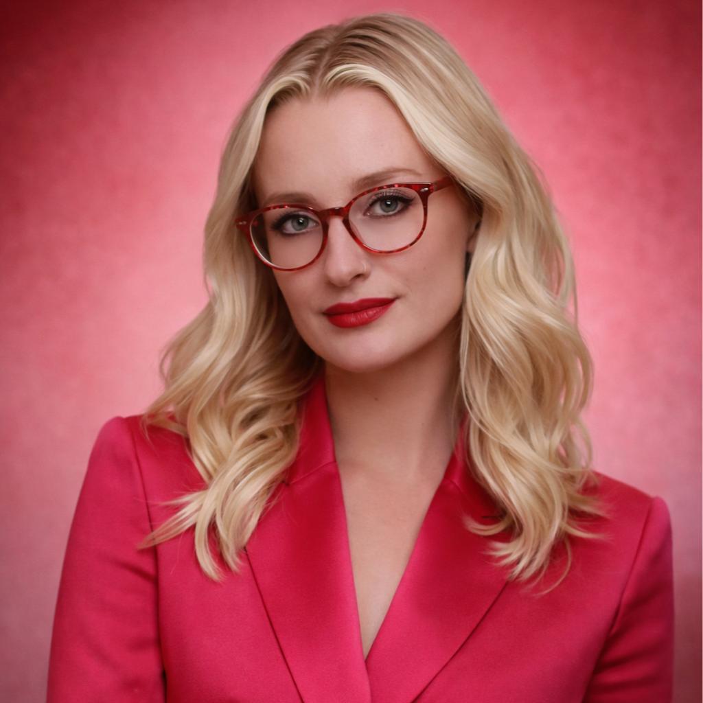 A blonde woman with wavy hair, wearing a black button-up shirt, smiling and sitting in a salon or hair studio. There are salon chairs and a large window in the background.
