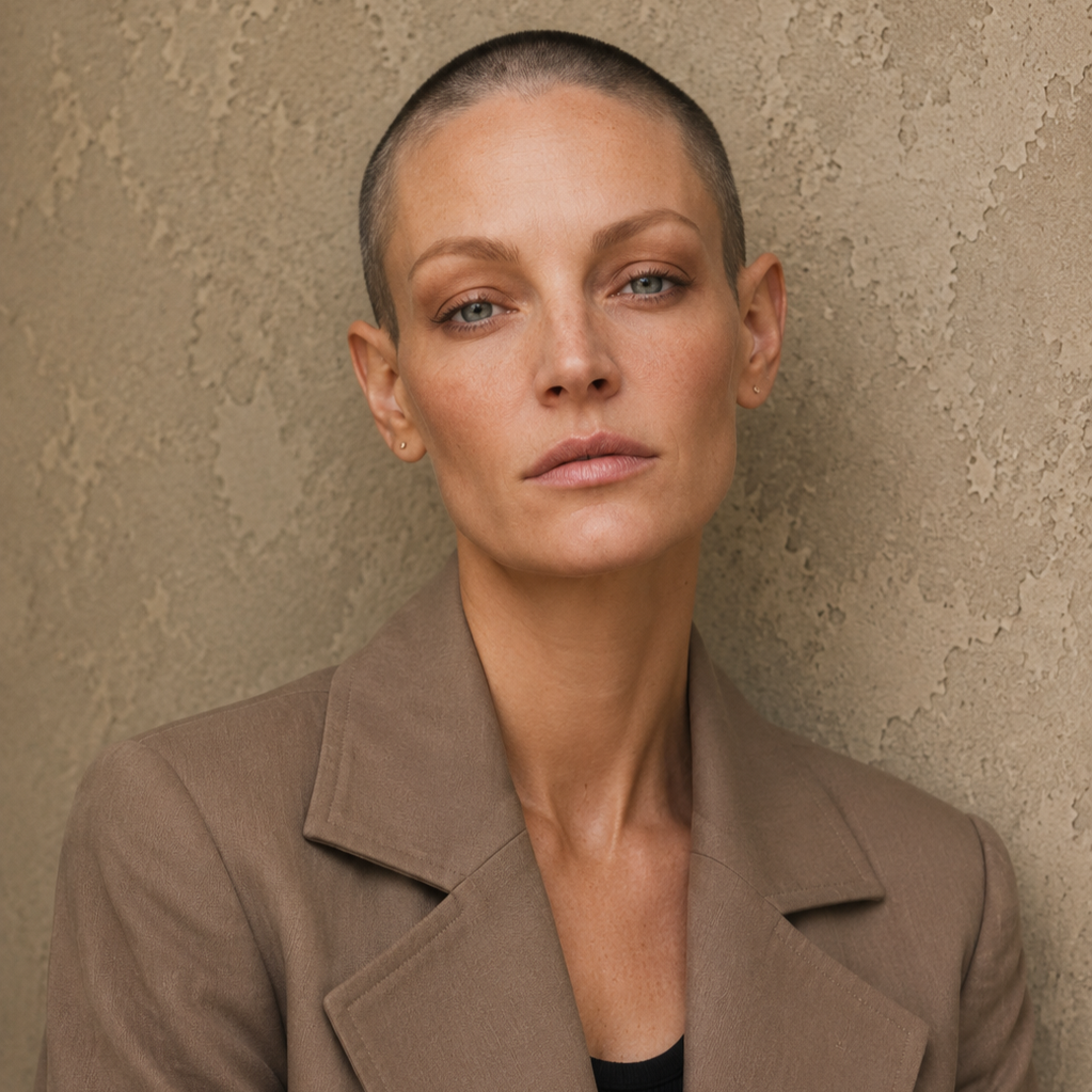 A woman with a shaved head sitting indoors, smiling at the camera, holding a pair of sunglasses in one hand, wearing a beige sweater, gold jewelry, and a wristwatch, with a casual environment in the background.