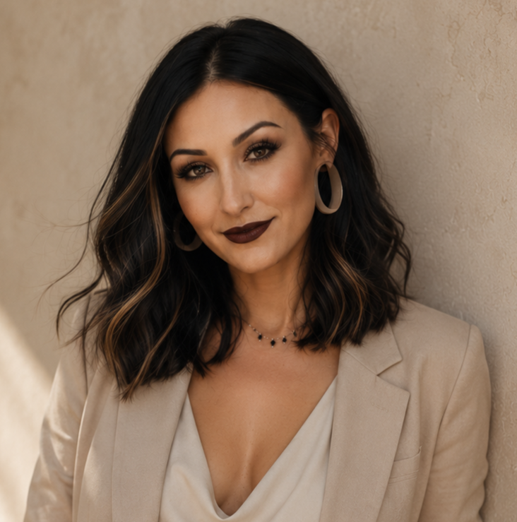 A woman with dark, curly hair and tattoos on her wrist sits in a bright room with sunlight streaming through a window. She wears a beige long-sleeve top, large sunglasses, and dark lipstick, and looks playfully at the camera while holding her sunglasses with one hand.