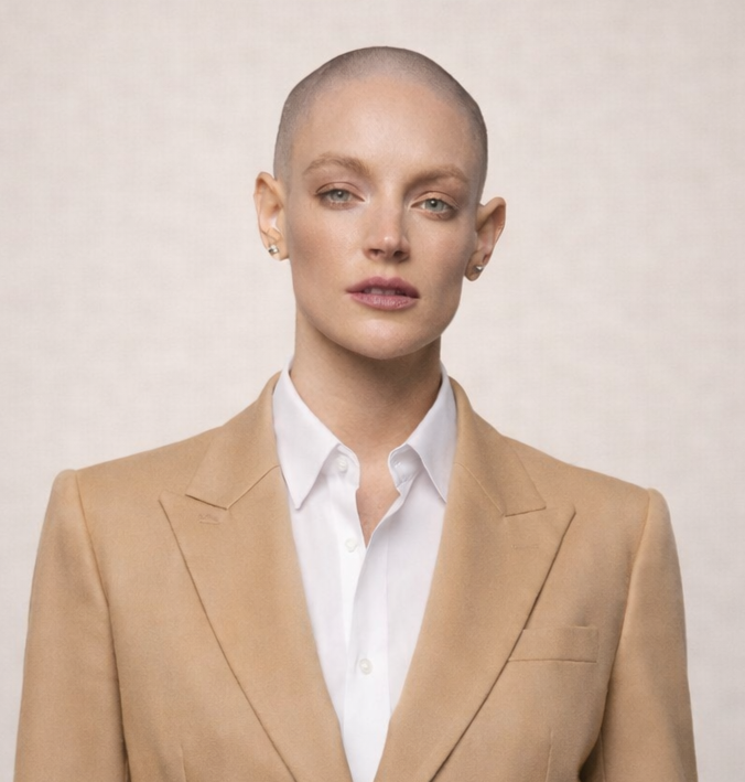 A woman with a shaved head sitting indoors, smiling at the camera, holding a pair of sunglasses in one hand, wearing a beige sweater, gold jewelry, and a wristwatch, with a casual environment in the background.