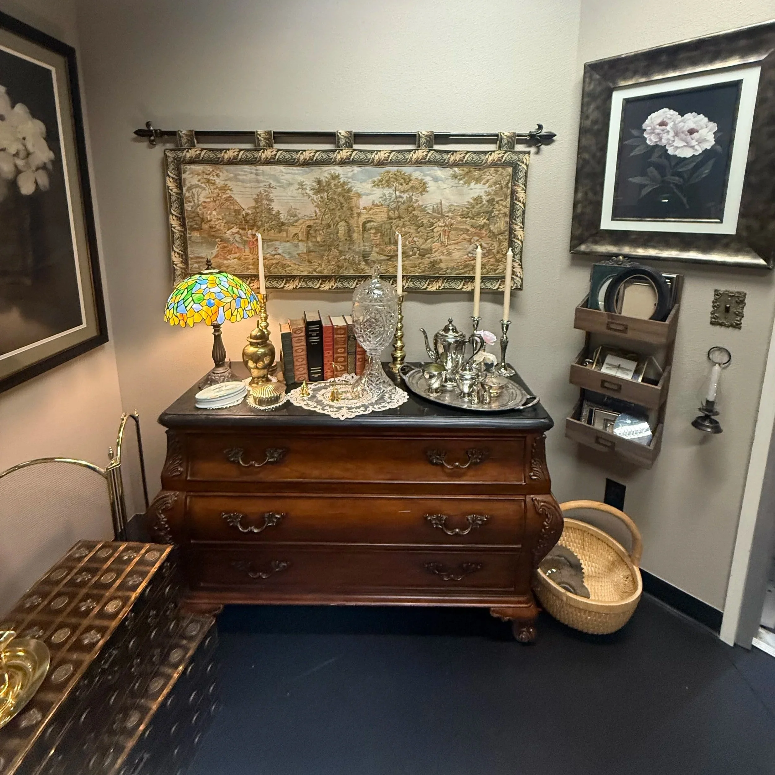 Curated vintage furniture, décor, and unique interior styling pieces available at Runway Vintage located inside Runway Salon + Head Spa.