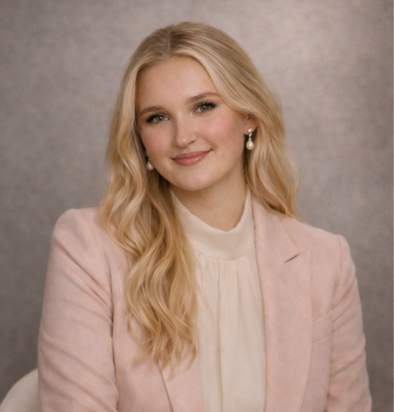 A young woman with blonde hair, wearing a white dress with tied sleeves, sitting by a window, smiling at the camera with her chin resting on her hand, in a bright indoor setting.
