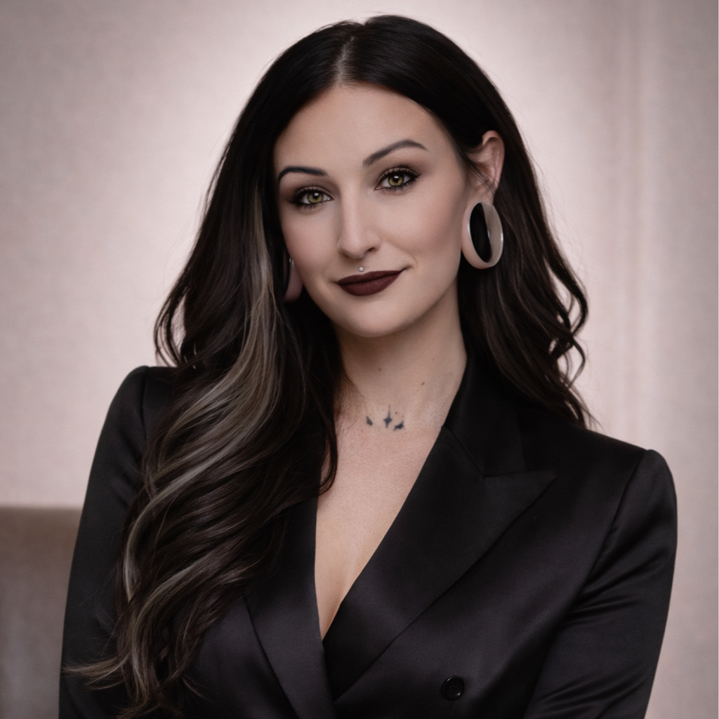A woman with dark, curly hair and tattoos on her wrist sits in a bright room with sunlight streaming through a window. She wears a beige long-sleeve top, large sunglasses, and dark lipstick, and looks playfully at the camera while holding her sunglasses with one hand.