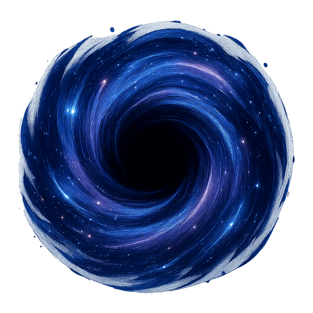 A digital illustration of a swirling galaxy or black hole with bright stars and cosmic colors, forming a vortex appearance.