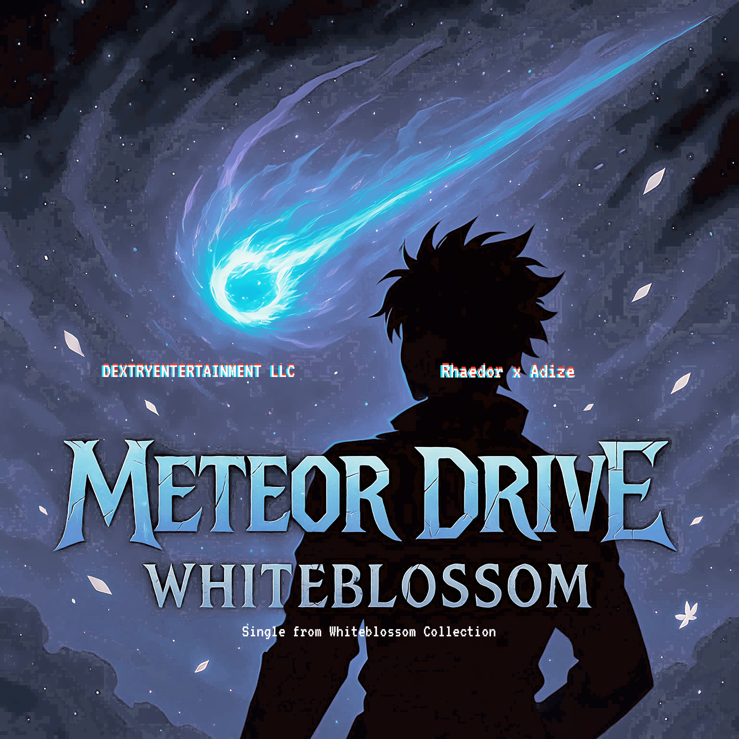 Silhouette of a person with spiky hair standing against a starry night sky with a bright meteor streaking across, labeled 'Meteor Drive Whiteblossom'.