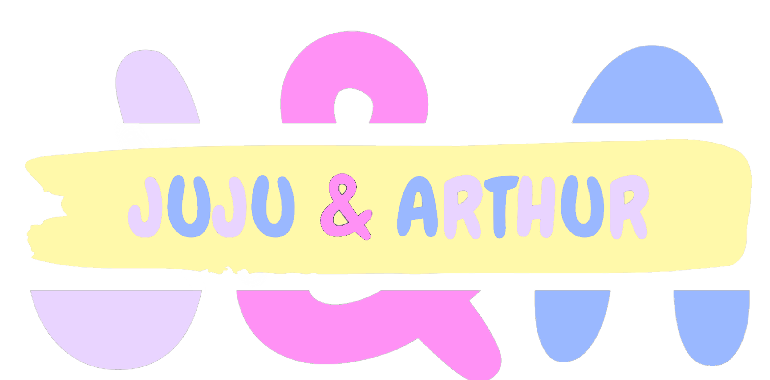 Colorful illustration of a train with the words 'JUJU & ARTHUR' written on a yellow banner across the train body.