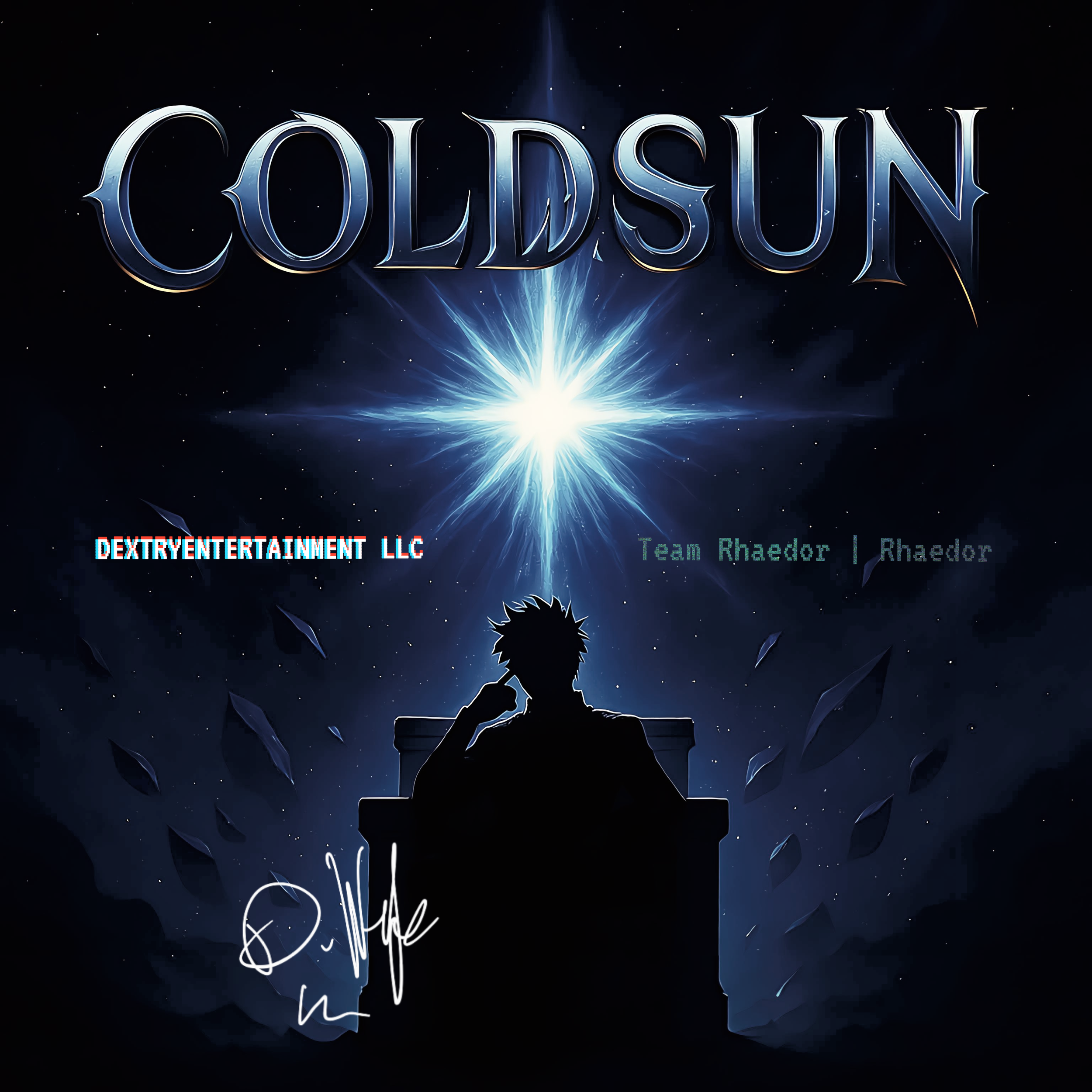 A dark space scene with a glowing star and a silhouette of a person sitting on a throne, with the word 'COLD SUN' at the top and various text elements, including 'DEXTRYENTERTAINMENT LLC' and 'Team Rhaedor.'
