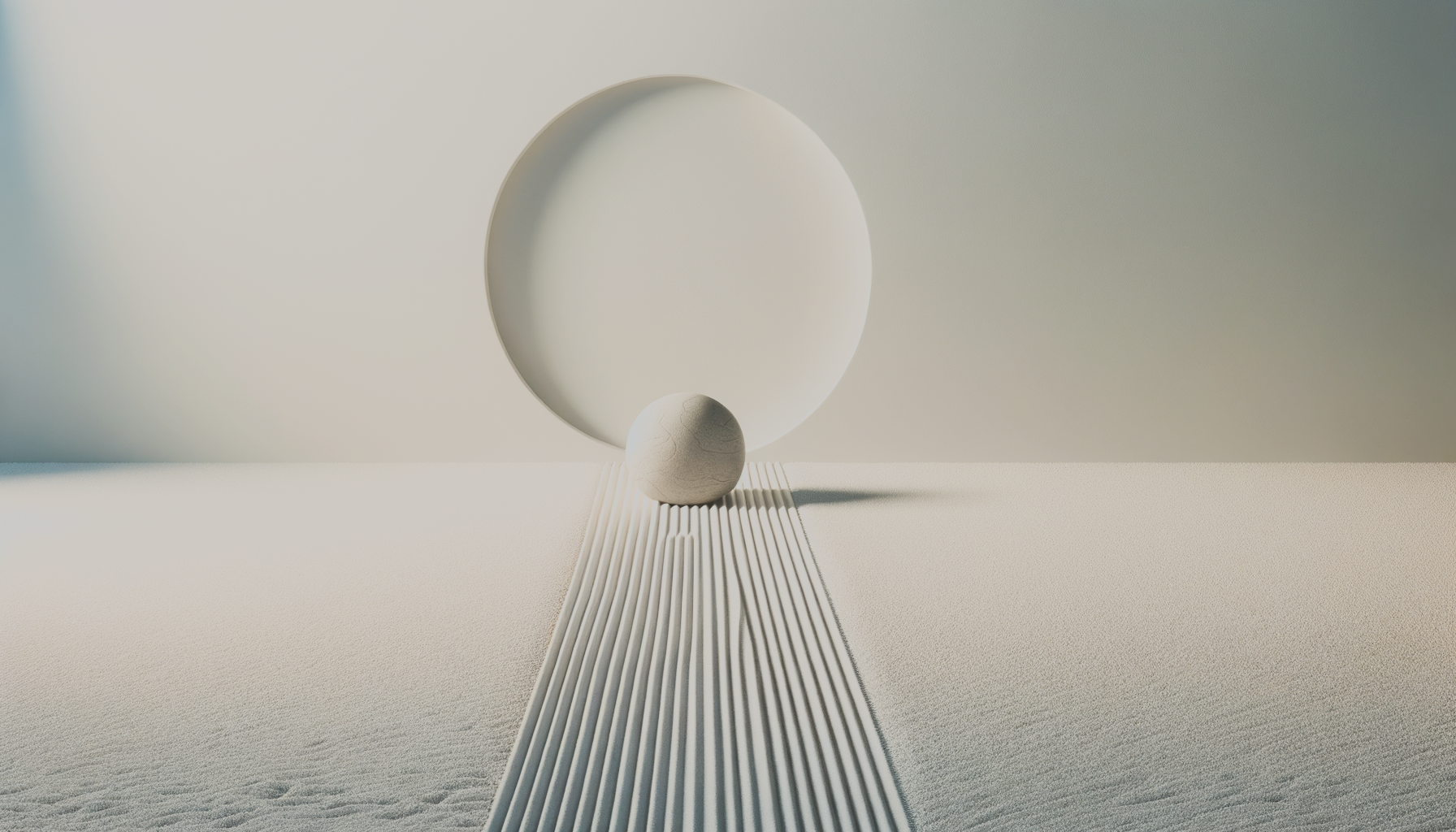Minimalist abstract scene with a large white circular shape, a smaller textured white sphere, and parallel white lines on a textured white surface, casting shadows.