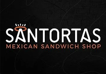 Logo for Santortas Mexican Sandwich Shop with white and red text on a black background.