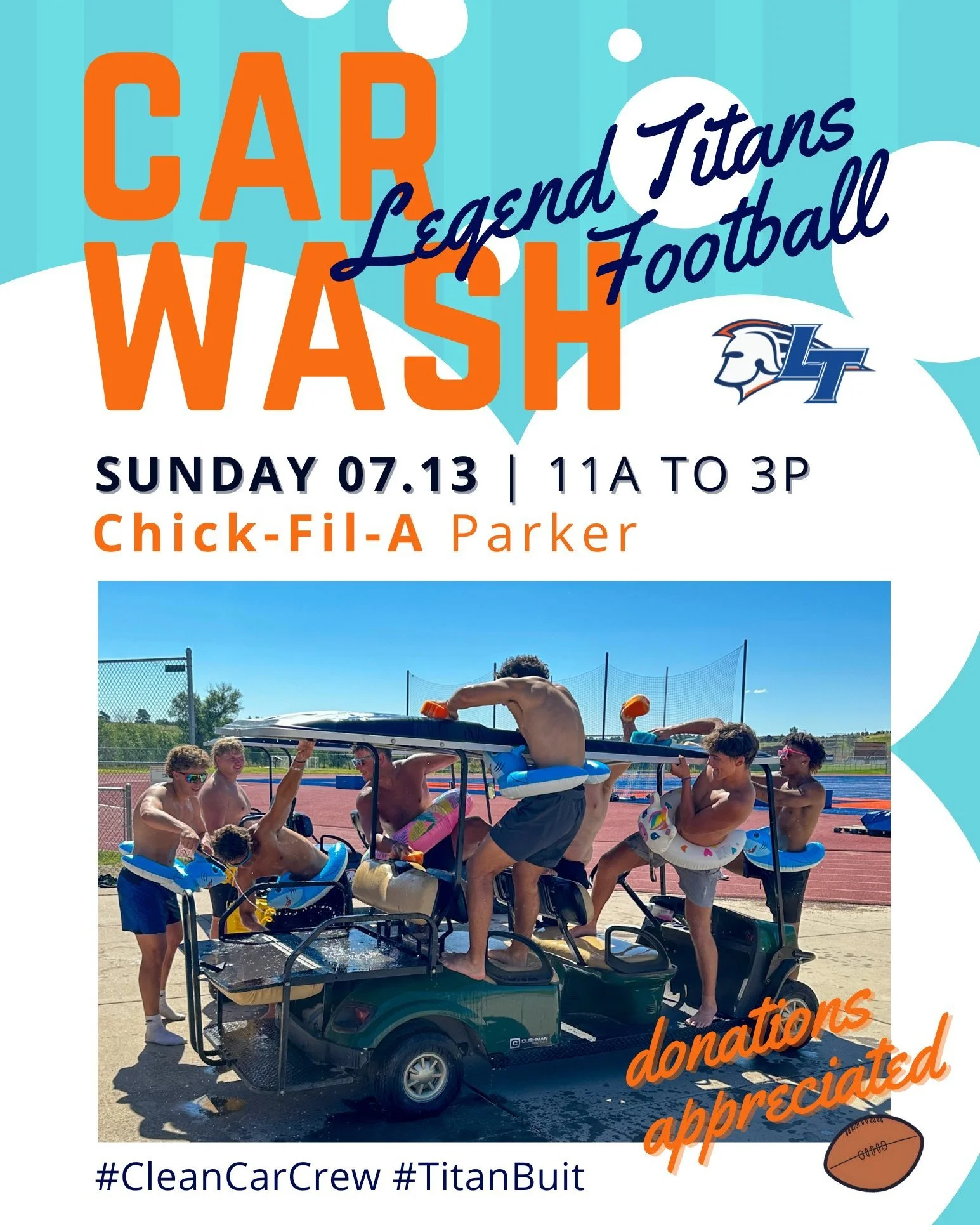 Grinding for greatness - and clean cars. Stop by the Titan Car Wash this Sunday and let the team put in the work. ๐ฆ
Thank you Chick-Fil-A Parker for hosting us! Sunday, July 13. 11A to 3P. “Pass” ๐โ๏ธ it on!
#EarnedNotGiven #WeekendW