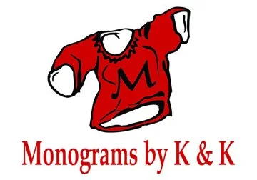 Logo of Monograms by K & K featuring a red and white cartoon-style illustration of a t-shirt with a large letter M on it, and text below reading 'Monograms by K & K'.