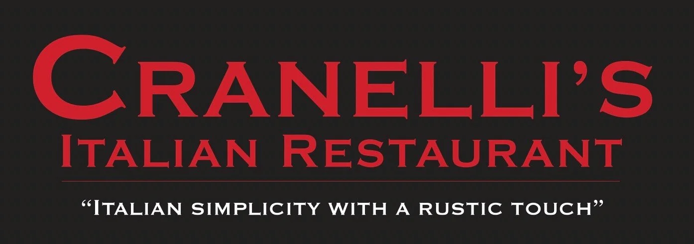 Sign for Cranelli's Italian Restaurant with red and white text on a black background.